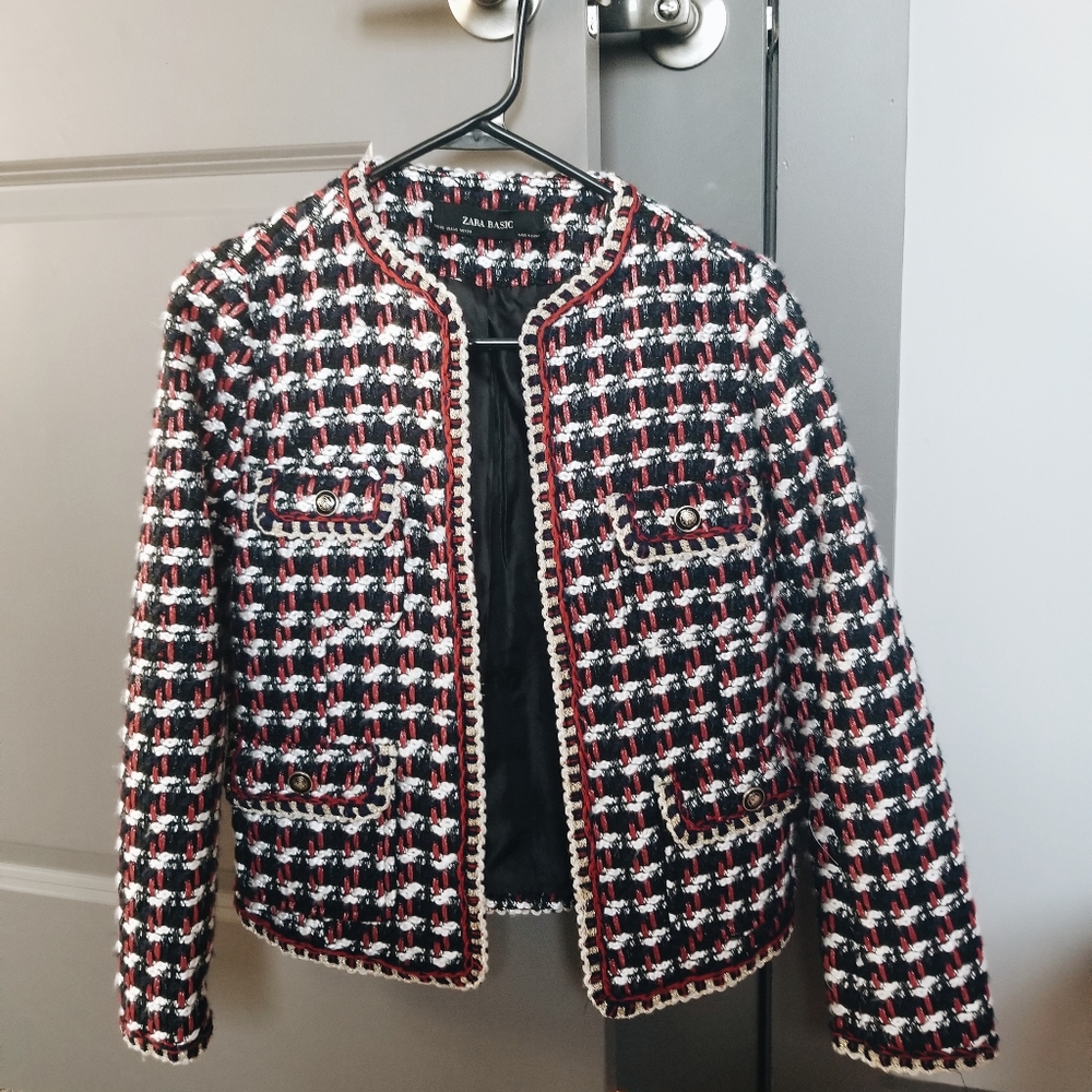 Zara Blue Red Woven Tweed Blazer XS